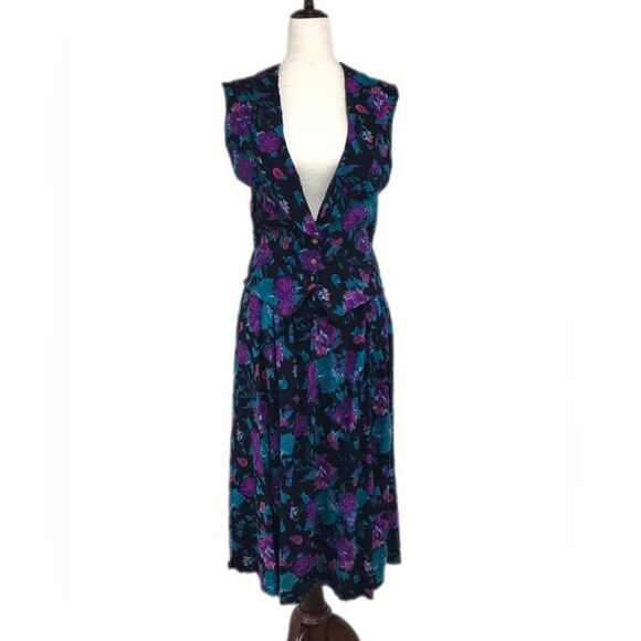 VINTAGE 80s 90s Matching‎ Vest Skirt Outfit Dress Floral Purple Teal Size Large - Picture 1 of 14